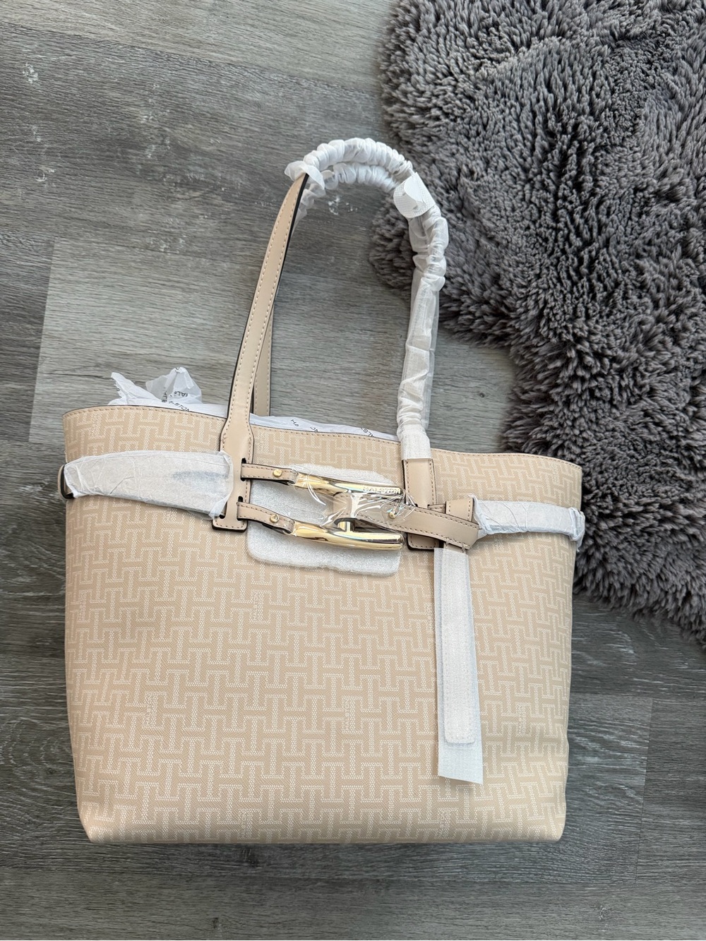Halston Heritage Beige Monogram Tote with Gold Buckle